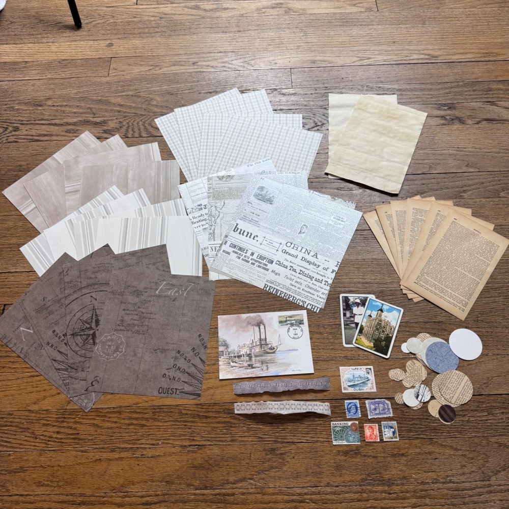 Junk journal Wallpaper, stamps, circles, cards postcard ephemera pack 2321
